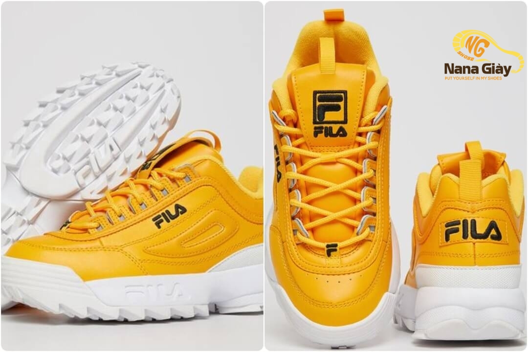 Để không còn băn khoăn xem giày màu vàng phối đồ như thế nào, các bạn có thể chọn đôi Fila Disruptor 2 màu vàng nổi bật. Không chỉ sử dụng gam vàng đơn thuần, đôi giày này còn có sự kết hợp của sắc cam nữa nhé!